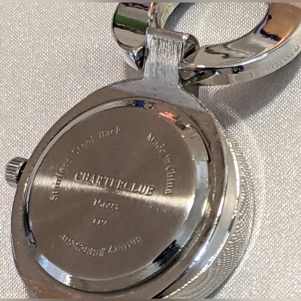 Charter Club Women's Dress Watch Silver w/ Black Enamel & Crystals New Battery